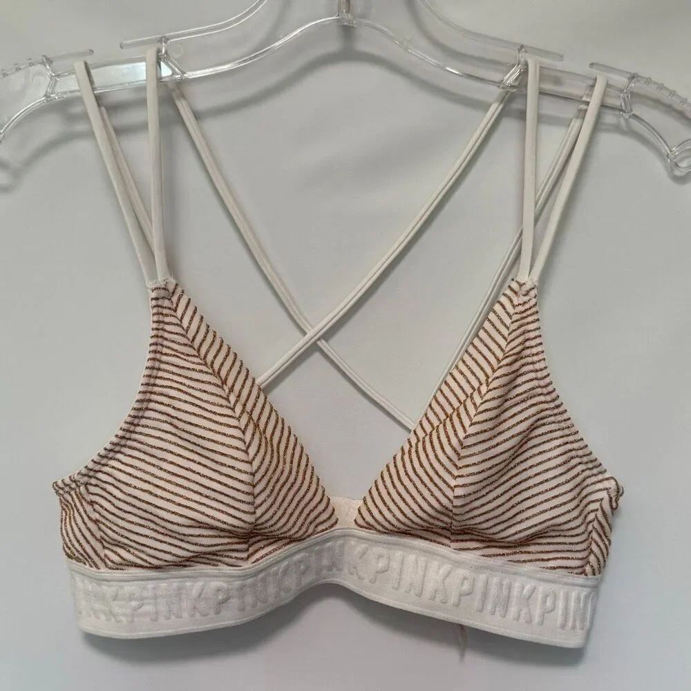 Pink Victoria’s Secret unlined triangle metallic bronze white bralette size extr